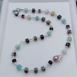 X719 Handmade Flame ball Freshwater Baroque Pearl Agate Long Necklace